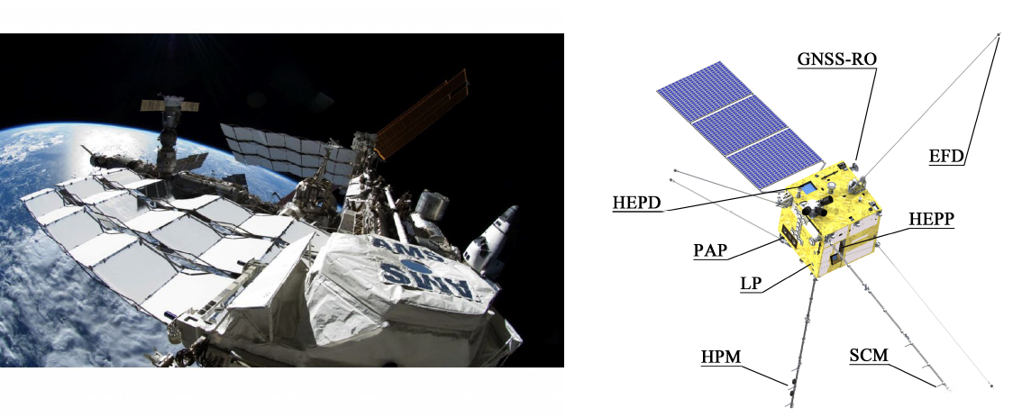 Left: AMS-02 instrument onboard the ISS - Right: the CSES/Limadou satellite with the HEPD detector onboard